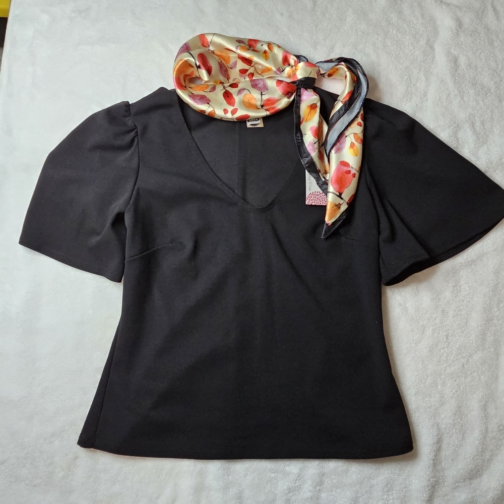 NWOT! Work to Play Black Top with Satin Scarf or Head Wrap Size Lg